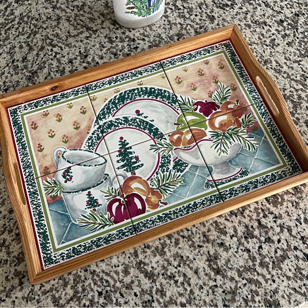 Vintage 1999s Furio Sponge Christmas Tree Wood Tile Serving Tray limited edition